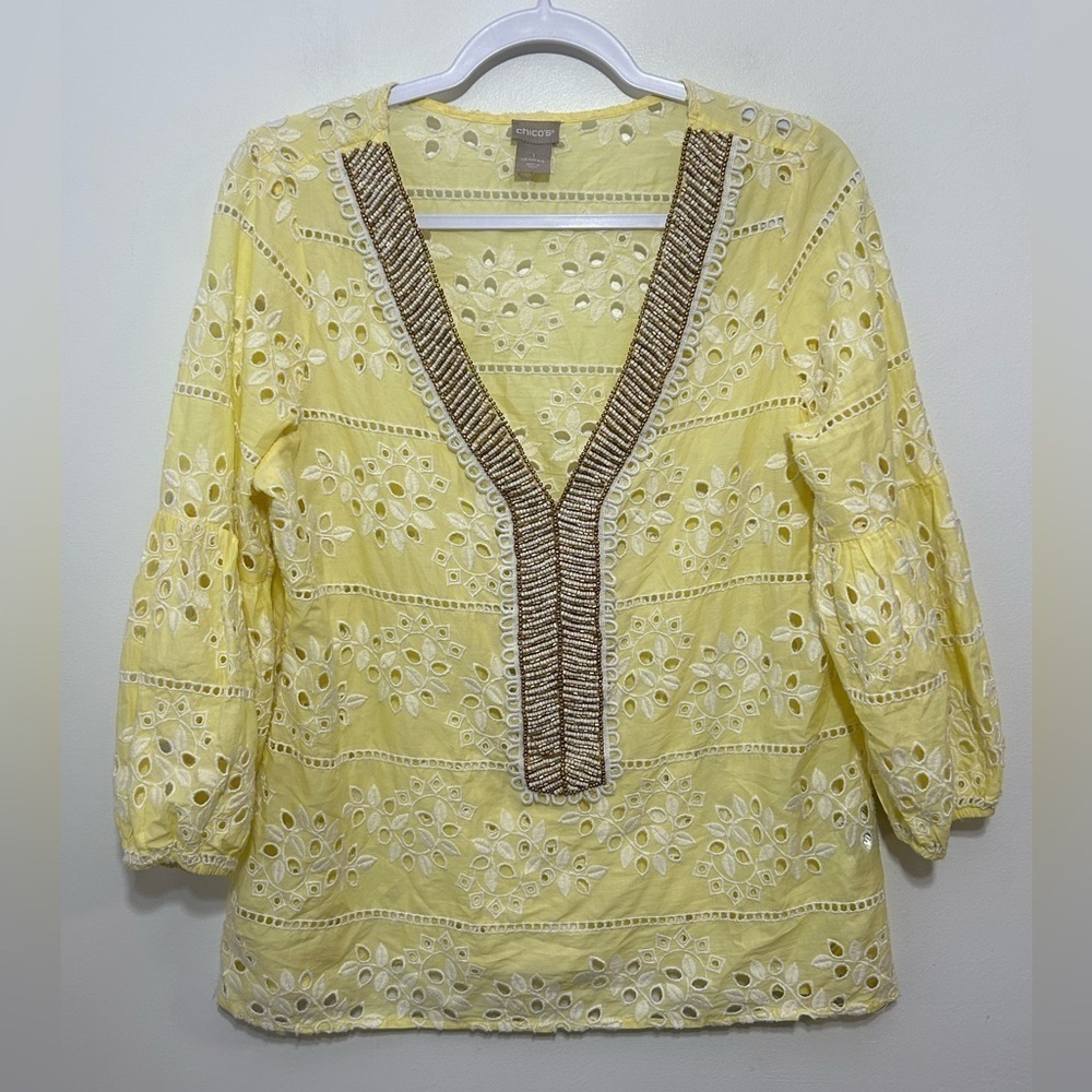Chicos Embroidered Beaded Cottagecore Grandma Lace Eyelet Shirt